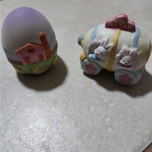 Easter Bunny Village Figurine Egg-Shaped Taxi 2" Tall & ceramic Easter egg.
